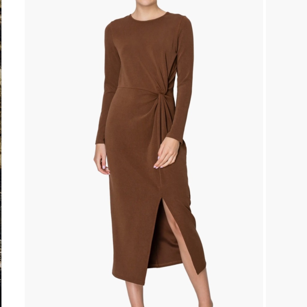 MELLODAY Women's Side Twist Long Sleeve Knit Dress in Brown Size XL